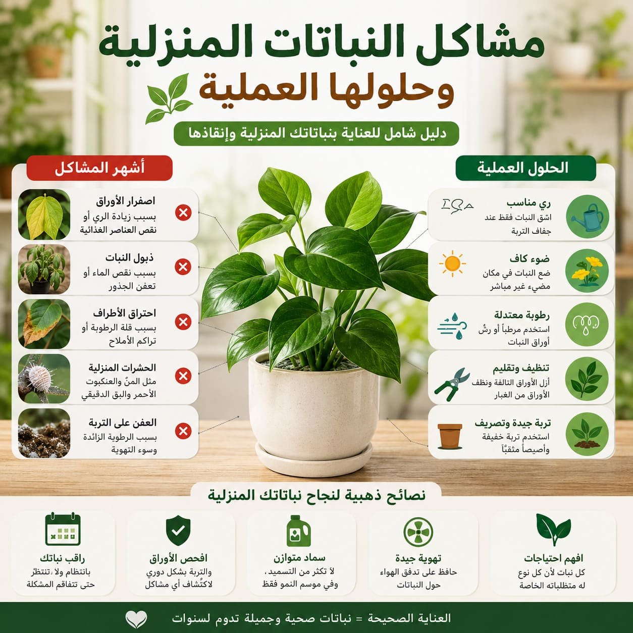 ملخص لأشهر مشكل نباتات الزينة المنزلية مع الحلول المقترحة